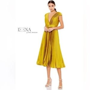Mac Duggal 26483 PLEATED CAP SLEEVE BELTED A LINE DRESS Size 12 chartreuse